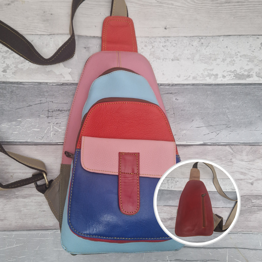 Multicolored all leather sling bag.