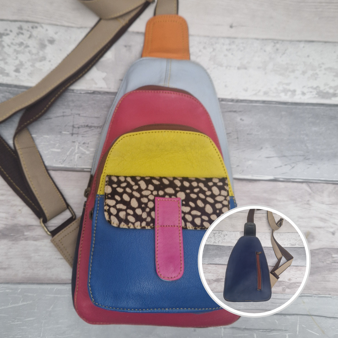 Multicolored all leather sling bag with spot print pocket.