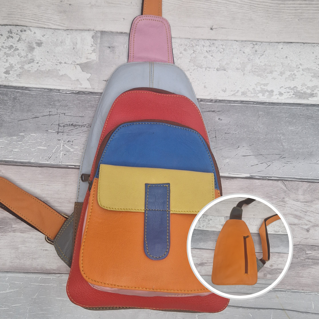 Multicolored all leather sling bag.