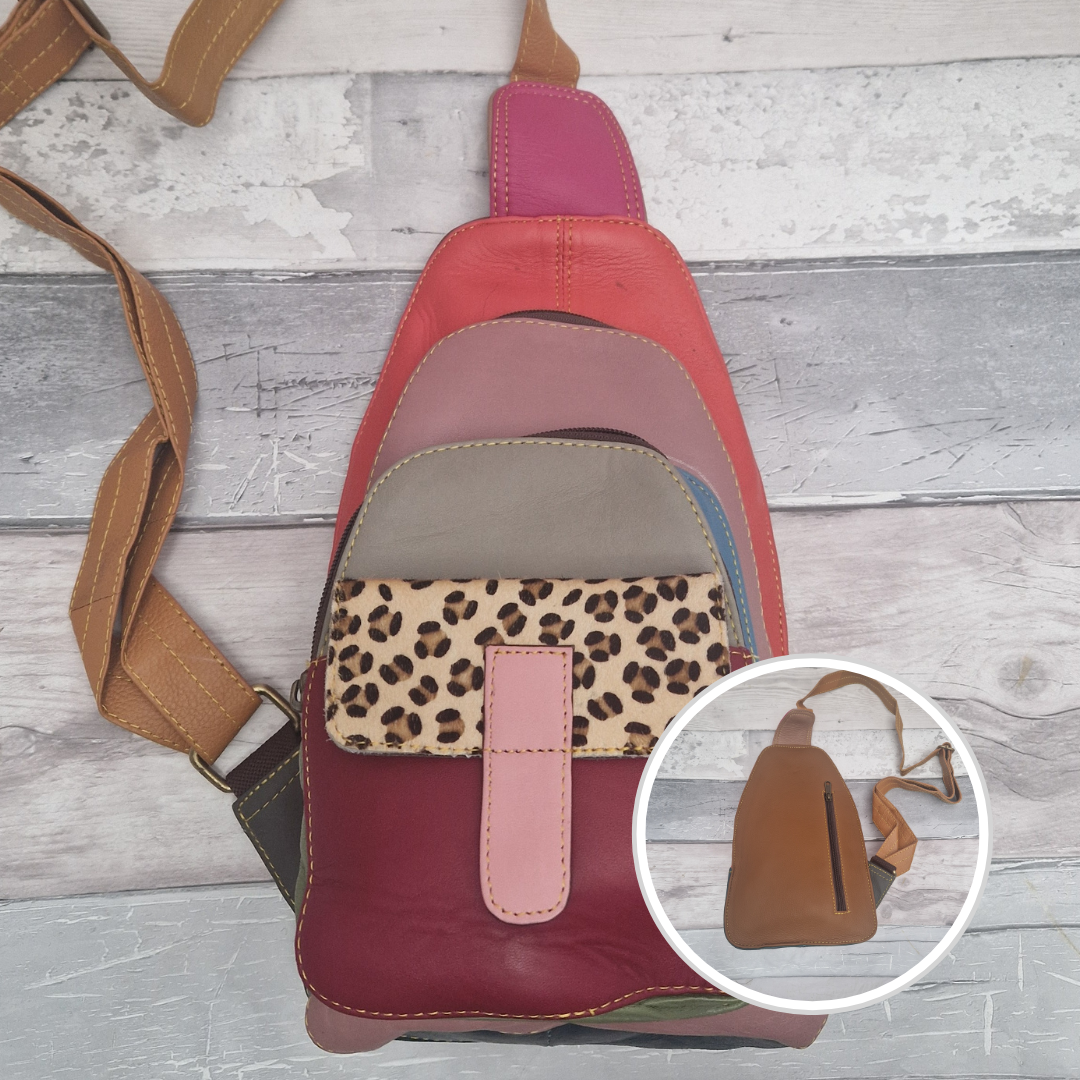 Multicolored all leather sling bag with leopard print pocket.