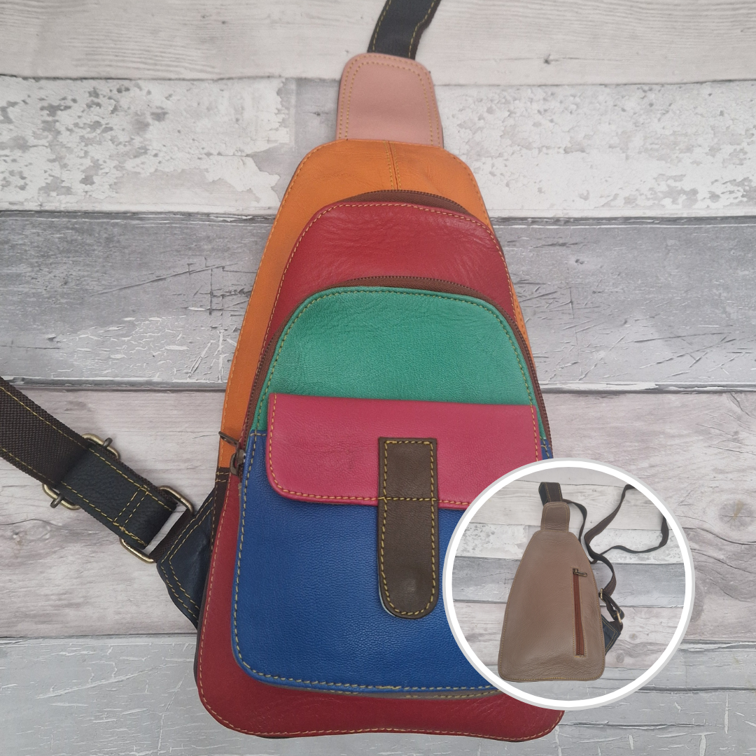 Multicolored all leather sling bag.