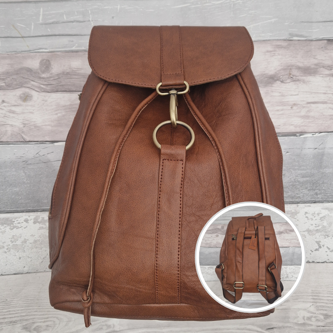 Brown leather backpack with a close-up inset on a wooden background