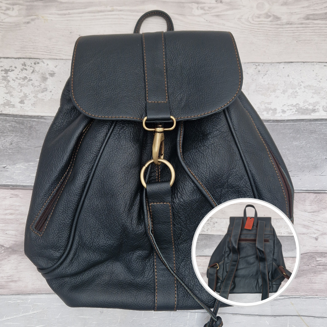 Forest Green leather back pack with lobster claw ring closer.