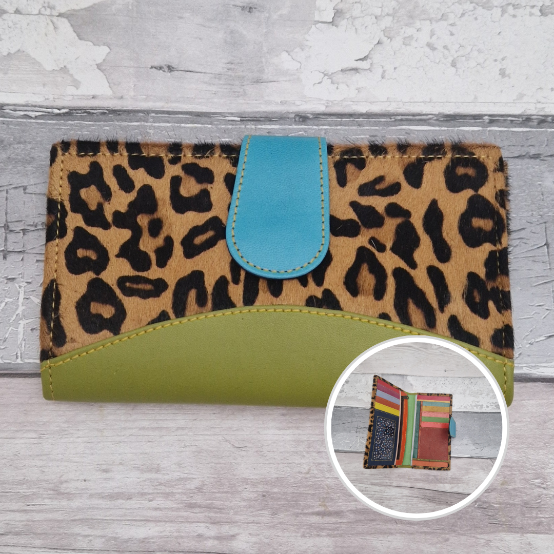 All leather wallet style purse made from multi-coloured pieces with a lime green front panel and textured jaguar print cover.
