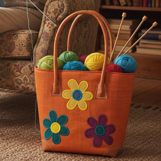 Orange raffia basket bag with flower designs filled with yarn and knitting needles on a carpeted floor.