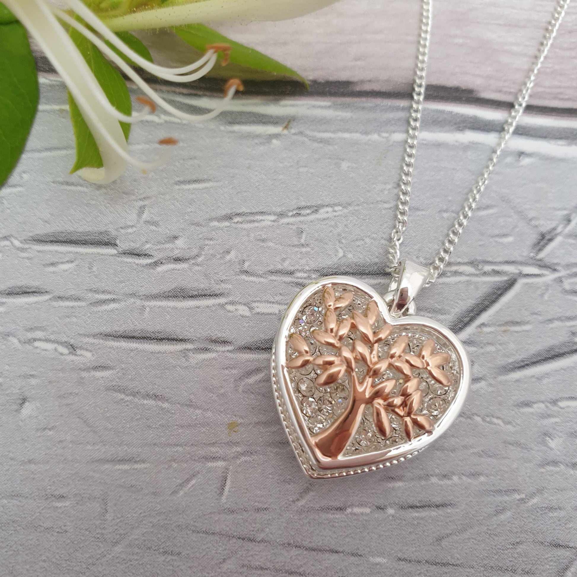 Tree of Life Pendant Necklaces in Rose Gold and Silver, finished with diamante crystals.