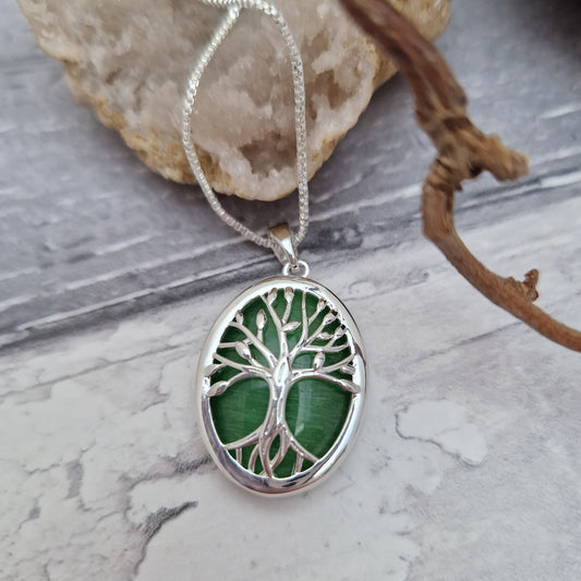 Green Moonstone pendant necklace featuring the Tree of Life.