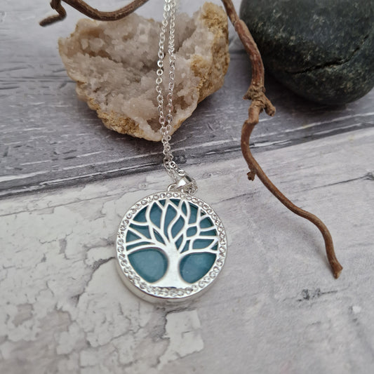 Amazonite necklace with a Tree of Life symbol over laid.