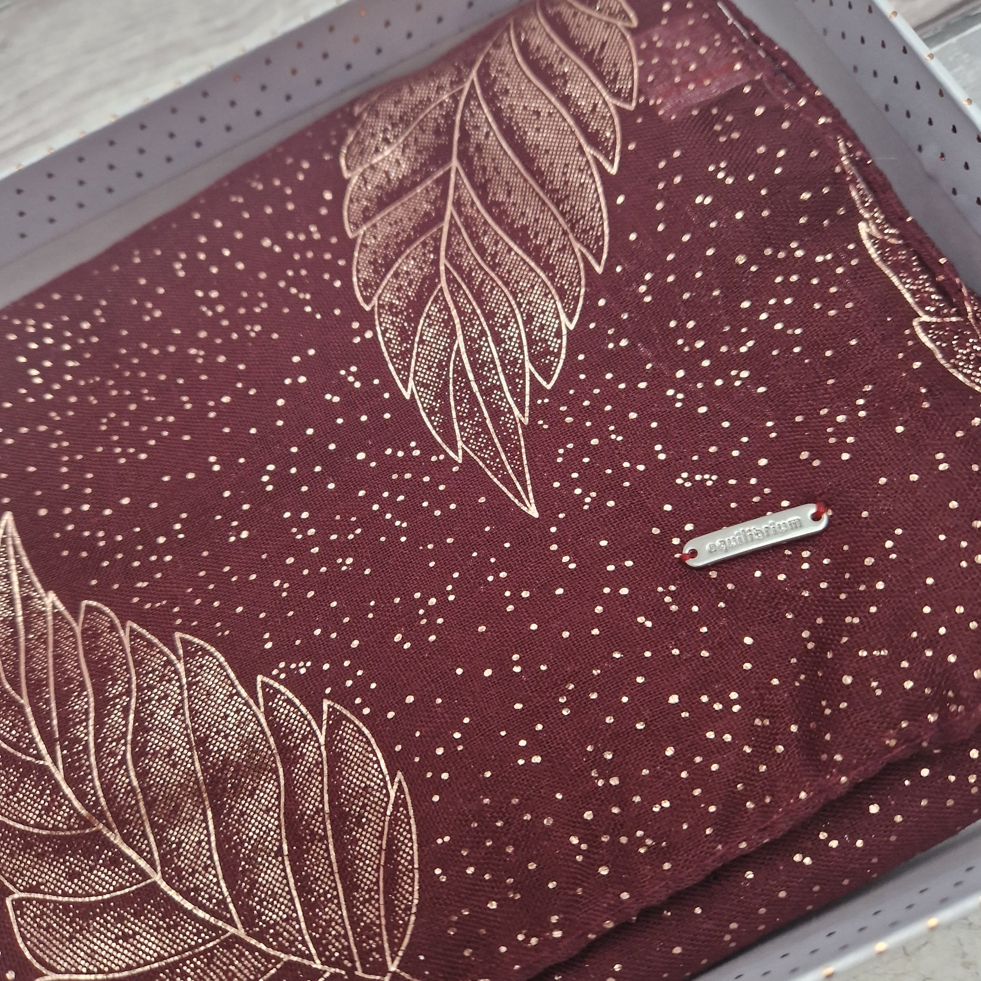 Gift Boxed Burgundy coloured scarf with leaf pattern in metallic rose gold.