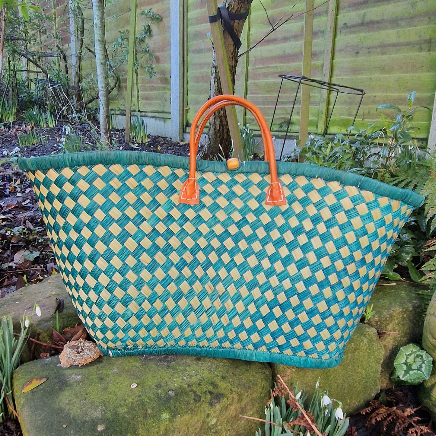 Woven baskets with checkered pattern.