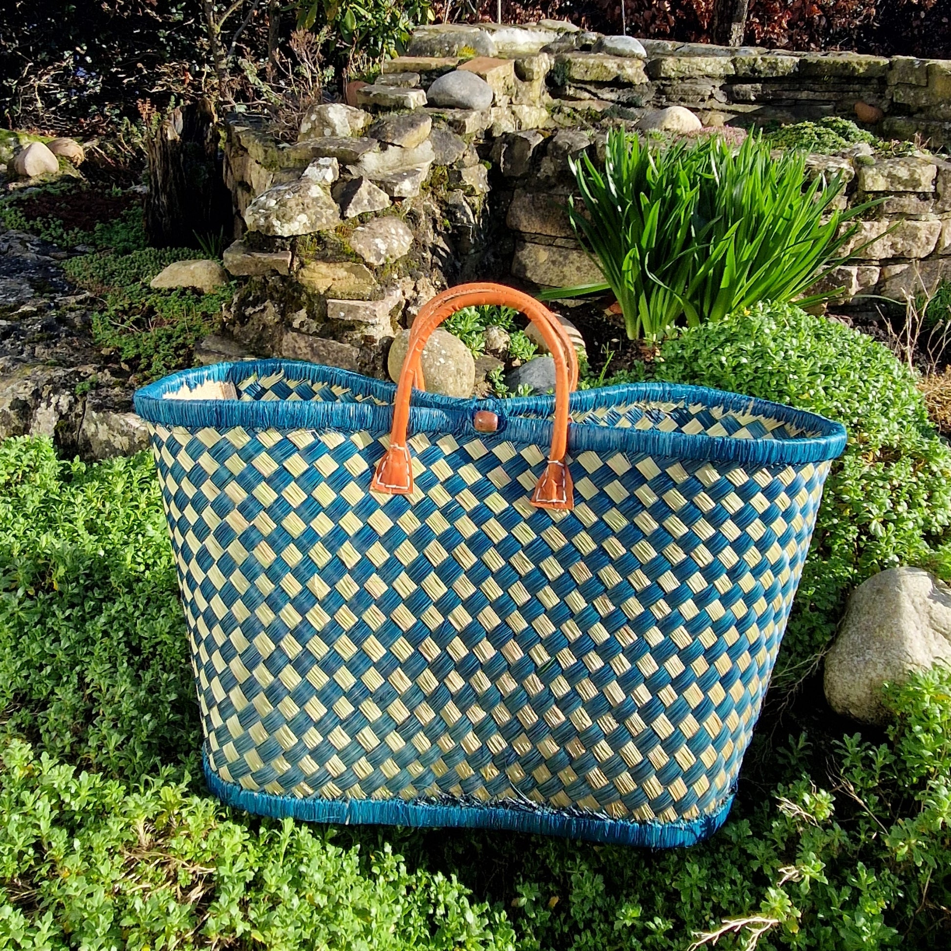 Woven baskets with checkered pattern.