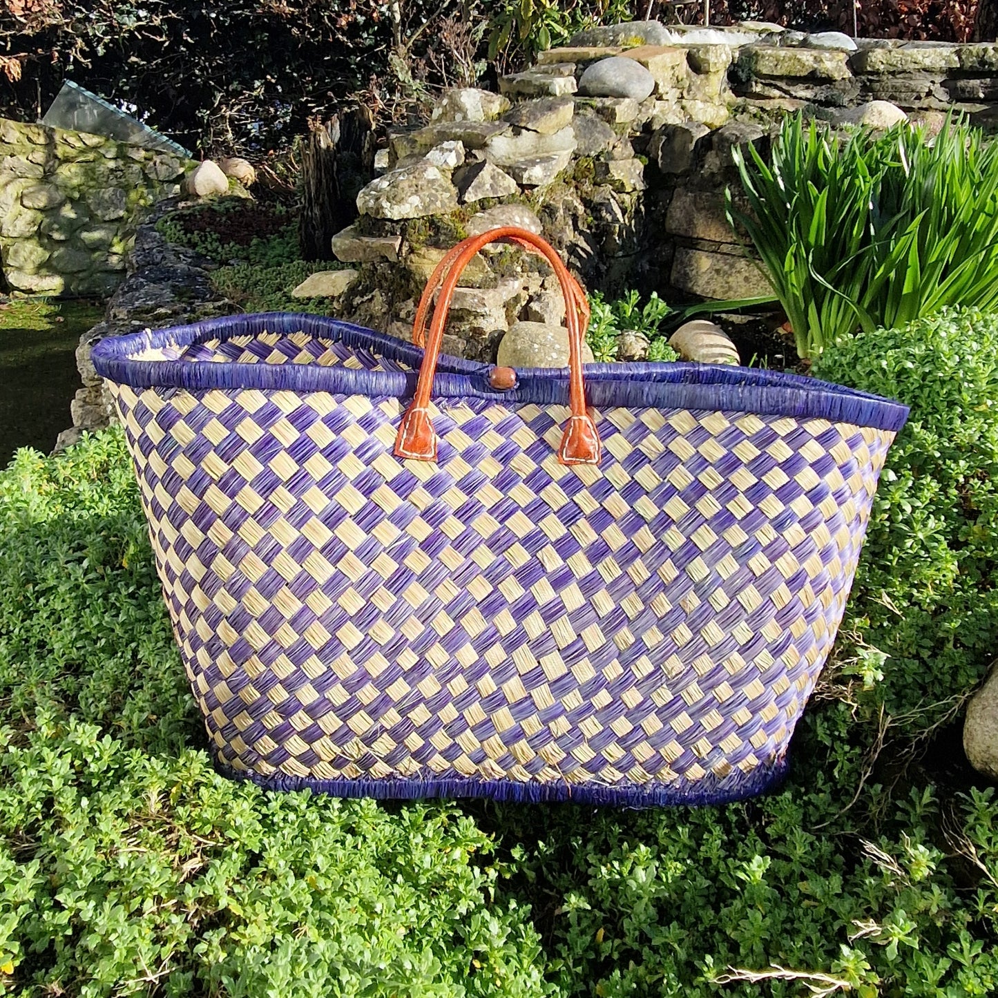 Woven baskets with checkered pattern.