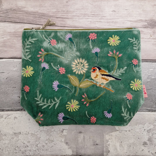 Green Velvet Pouch with Flowers and a Goldfinch