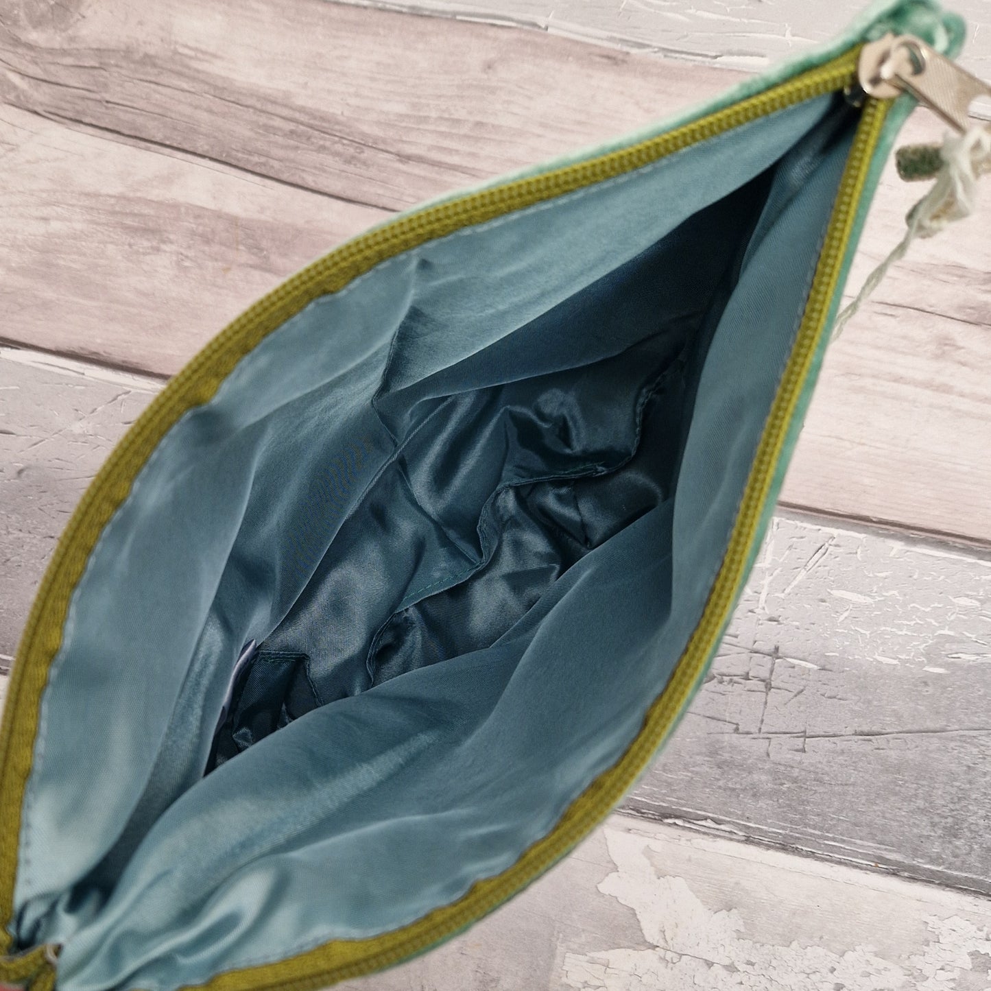 Green Velvet Pouch with Flowers and a Goldfinch