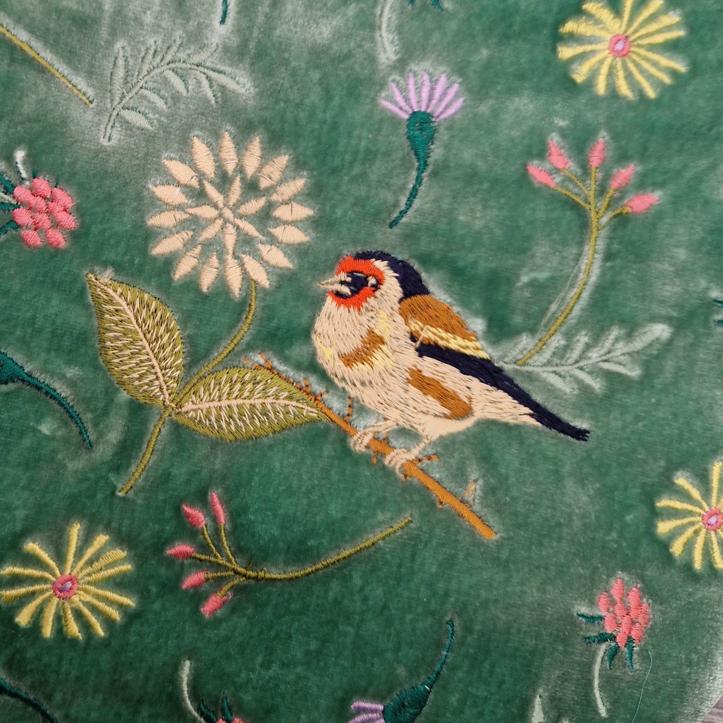 Green Velvet Pouch with Flowers and a Goldfinch