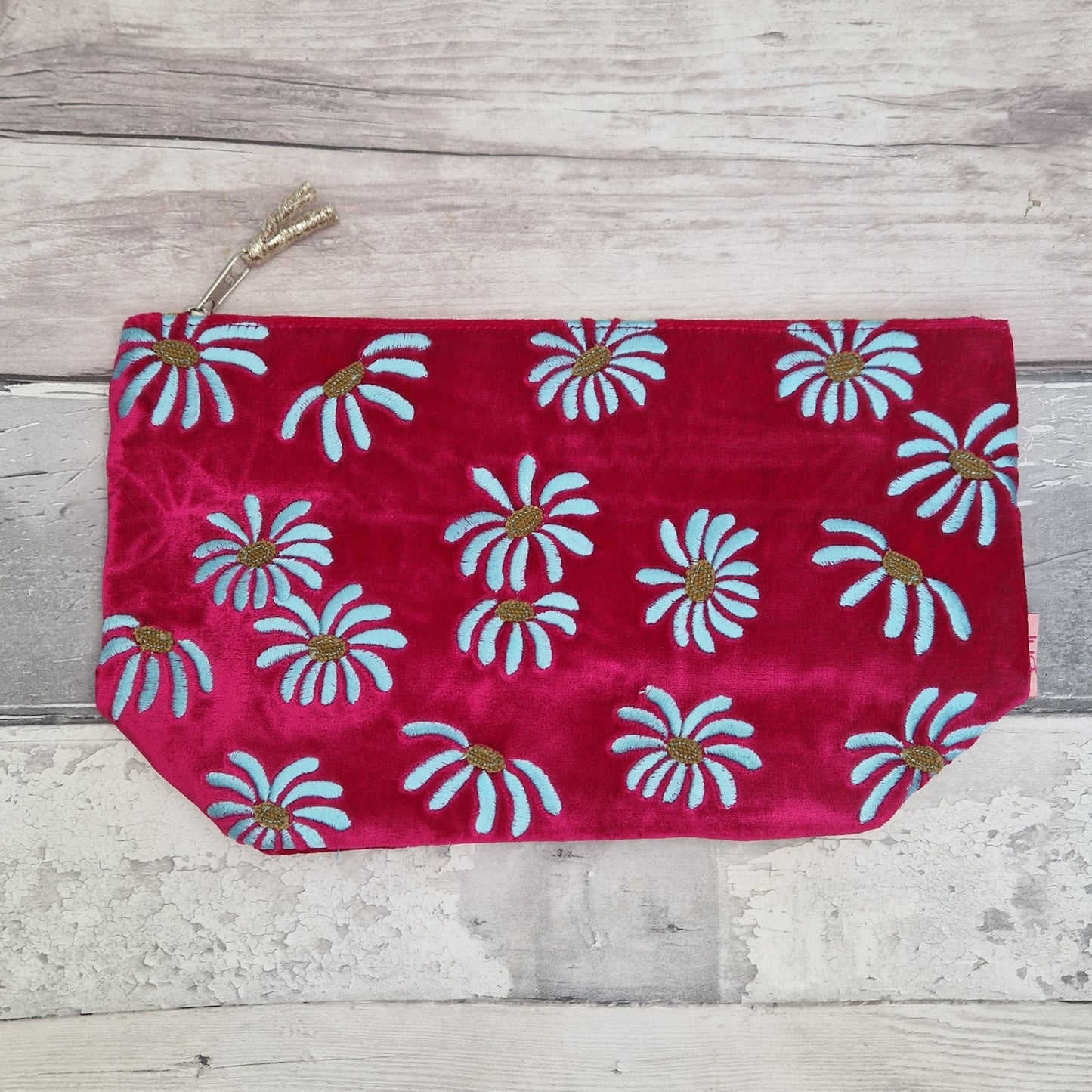 Hot Pink Velvet Daisy Pouch with Silk Lining