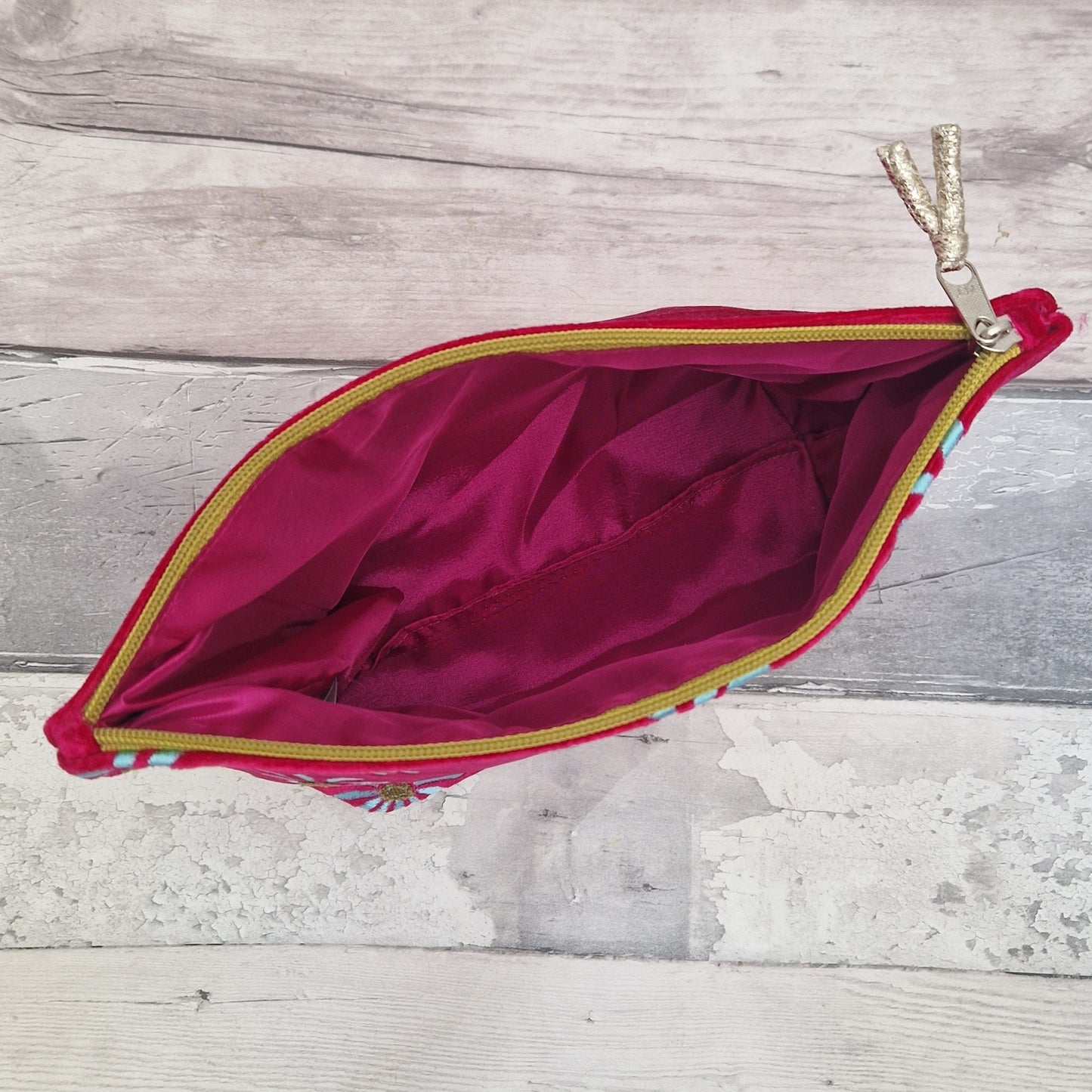 Hot Pink Velvet Daisy Pouch with Silk Lining