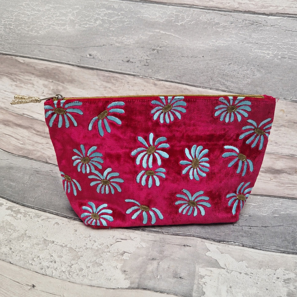 Hot Pink Velvet Daisy Pouch with Silk Lining