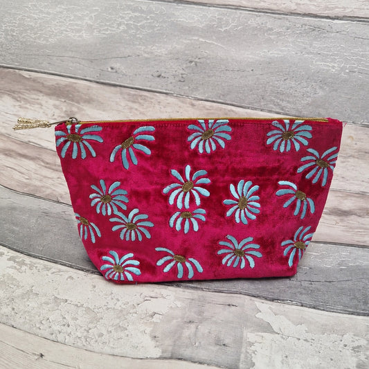 Hot Pink Velvet Daisy Pouch with Silk Lining