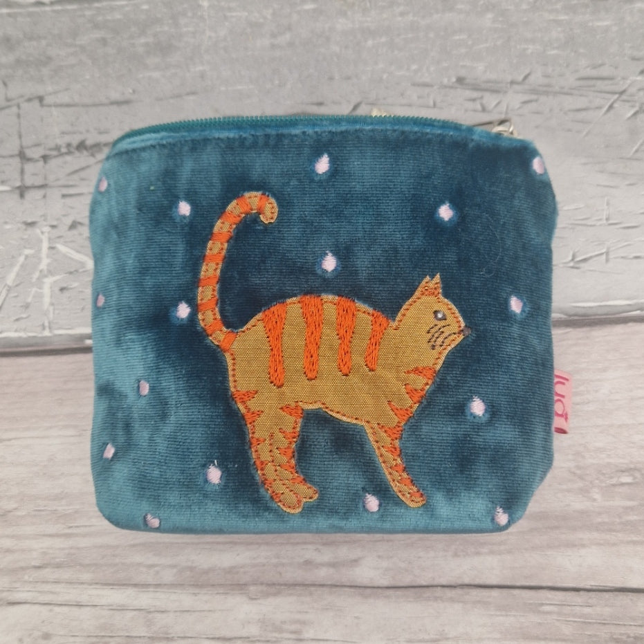 Turquoise blue velvet coin purse decorated with a striped orange tabby cat.