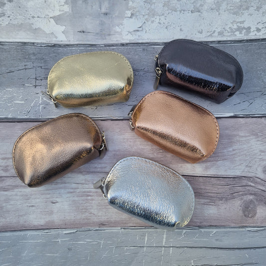 Metallic coloured leather coin purses in Gold, Silver, Bronze, Pewter and Rose Gold