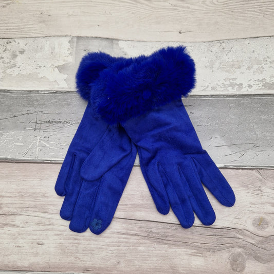 Electric Blue suede stretch gloves with a faux fur cuff
