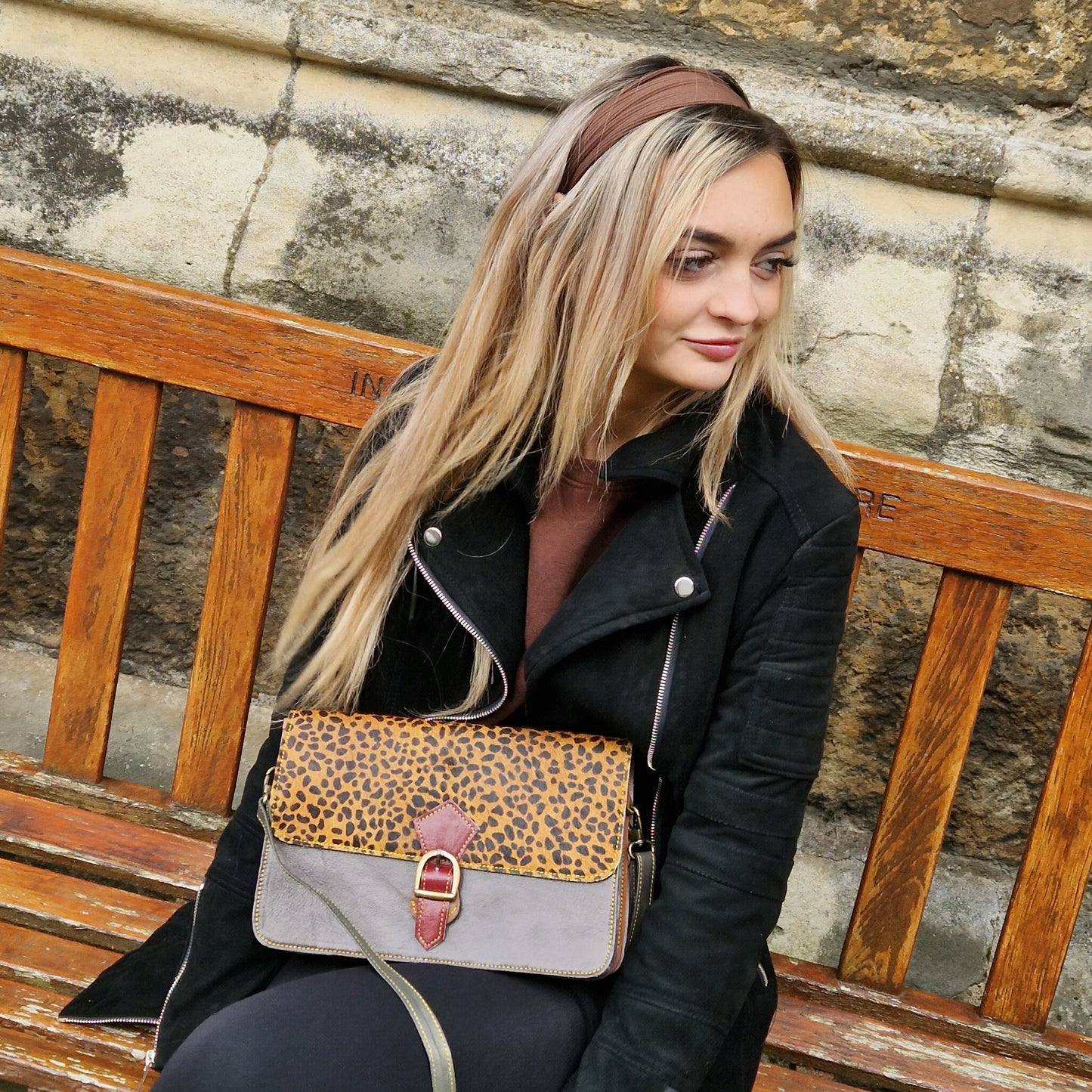 Grey Leather Cheetah Print Bag - Maggie