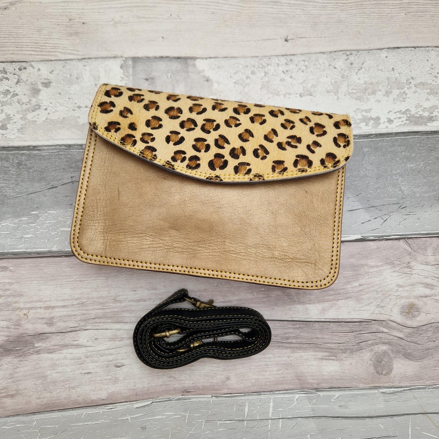 Gold Leather Leopard Print Bag - Sadie