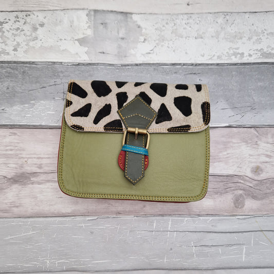 Lime Green leather crossbody bag with a textured giraffe print panel.