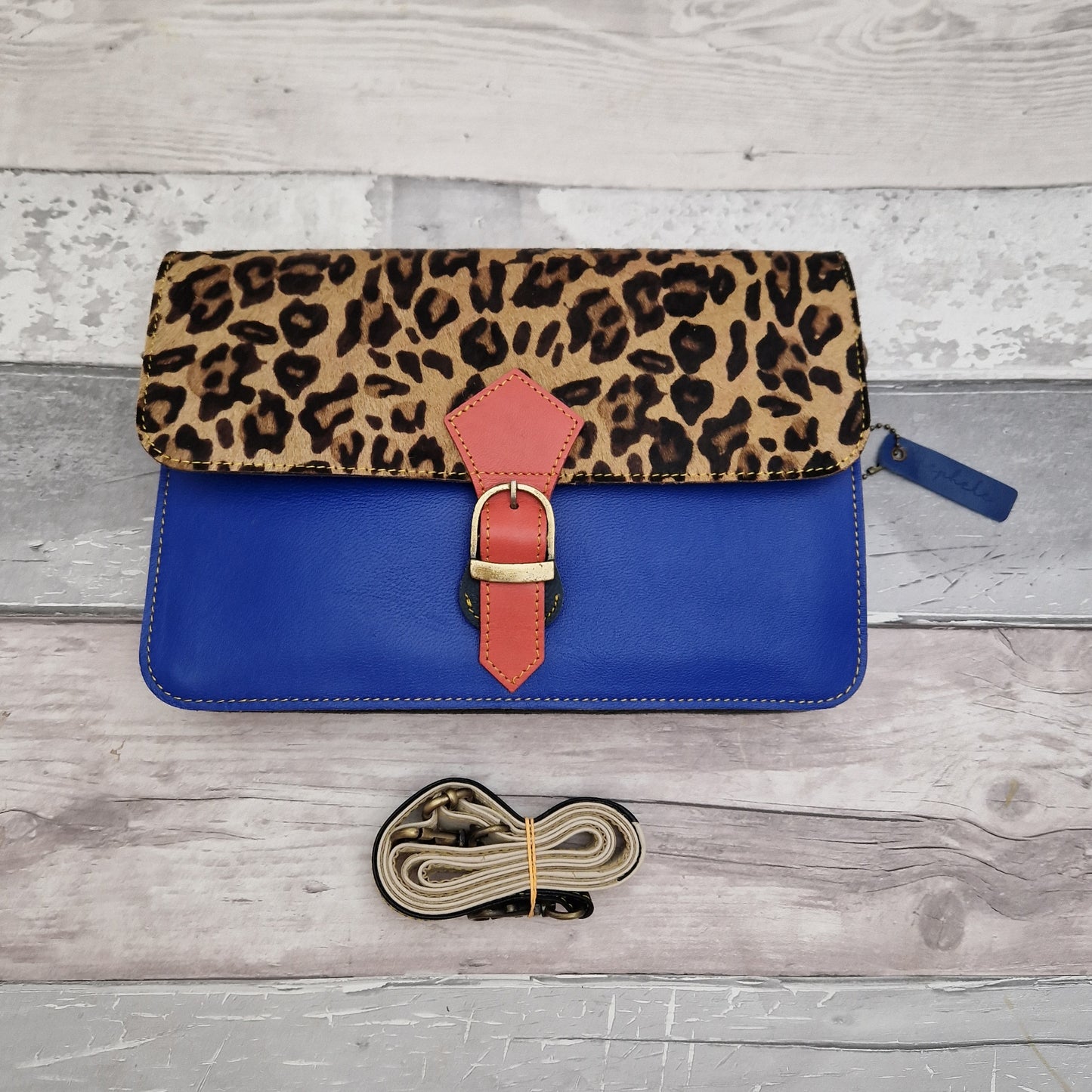 Electric Blue Leather Leopard Print Bag - Tamara