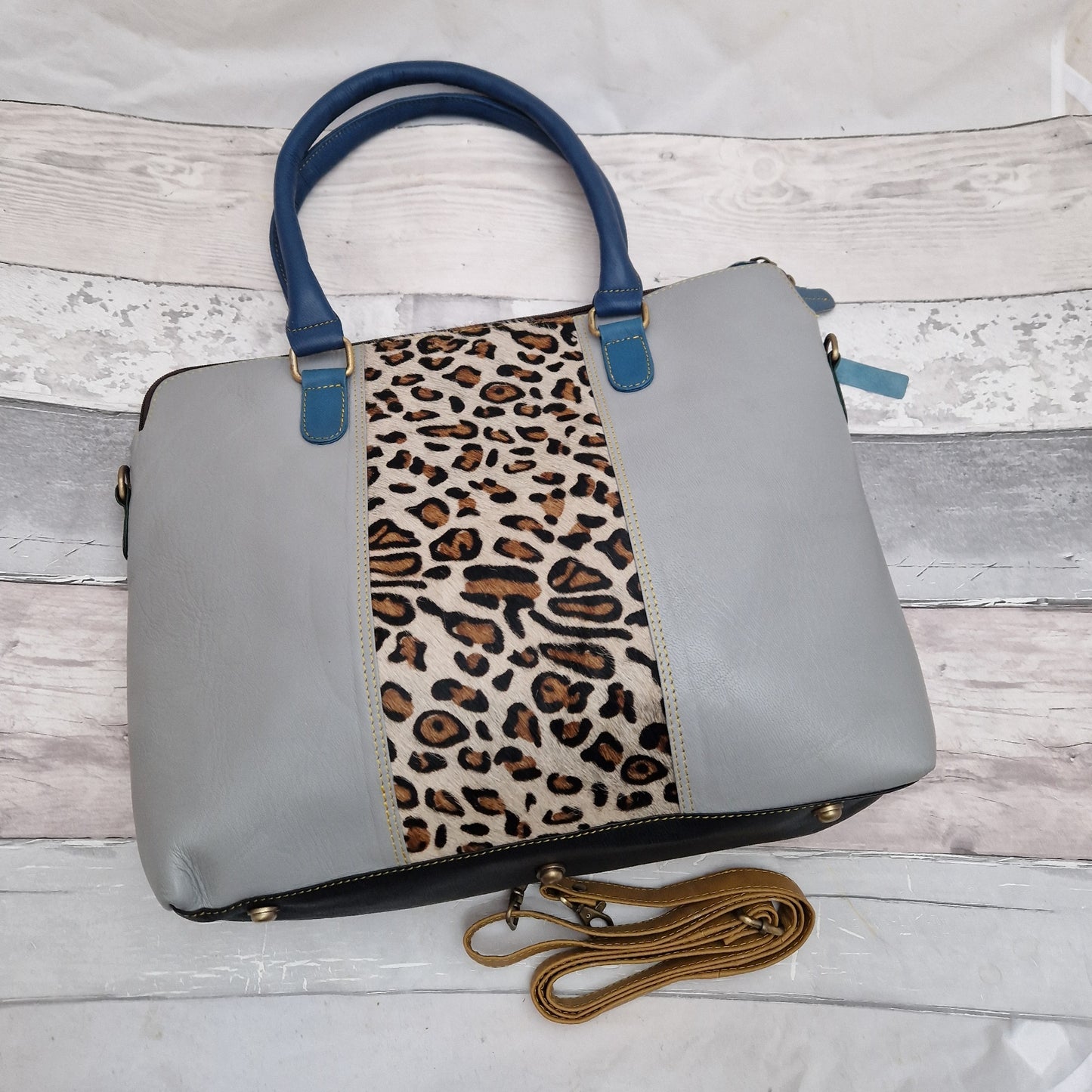 Grey Leather Leopard Print Bag - Lucy-Ann