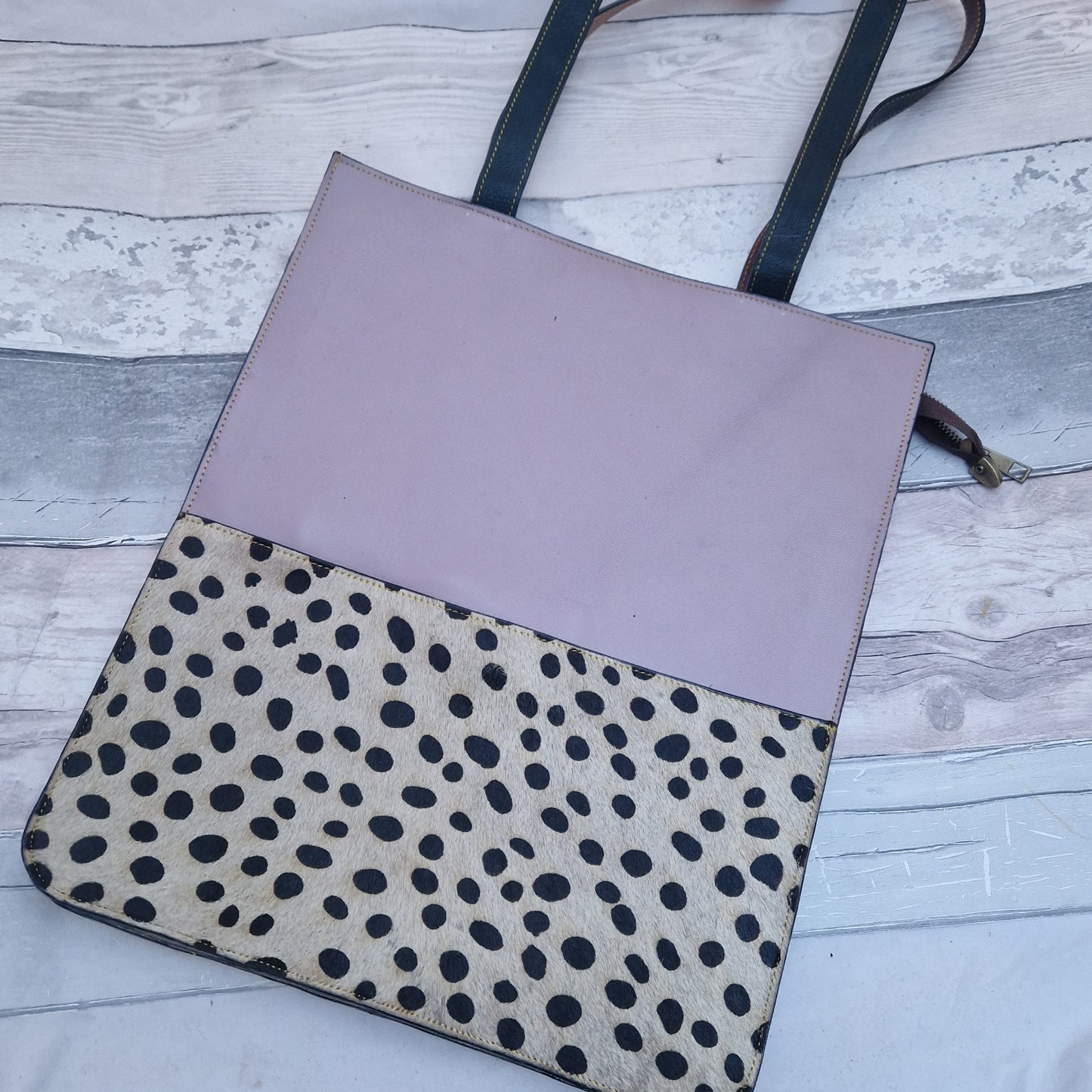 Lilac leather shopping tote with textured spot print panel.