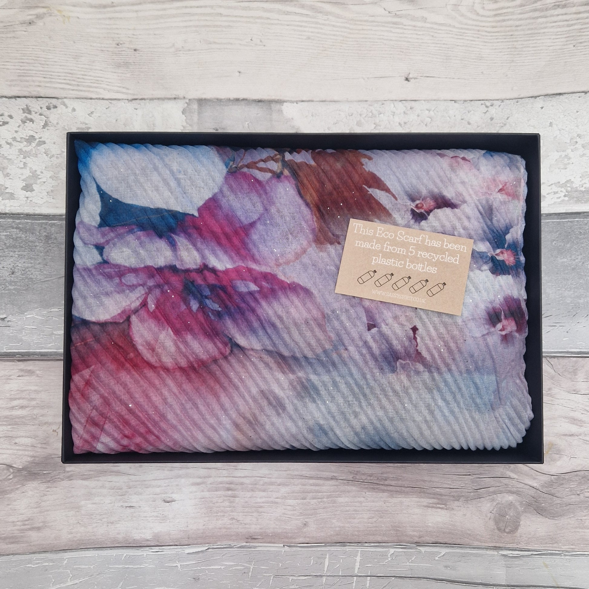 Gift Boxed Eco Scarf; floral print scarf with blue and pink tones.