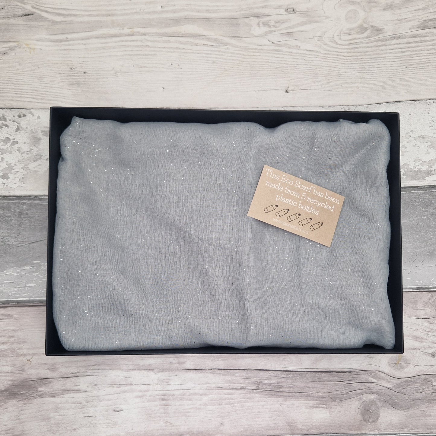 Gift Boxed Eco Scarf, Plain dove grey with metallic sparkle.