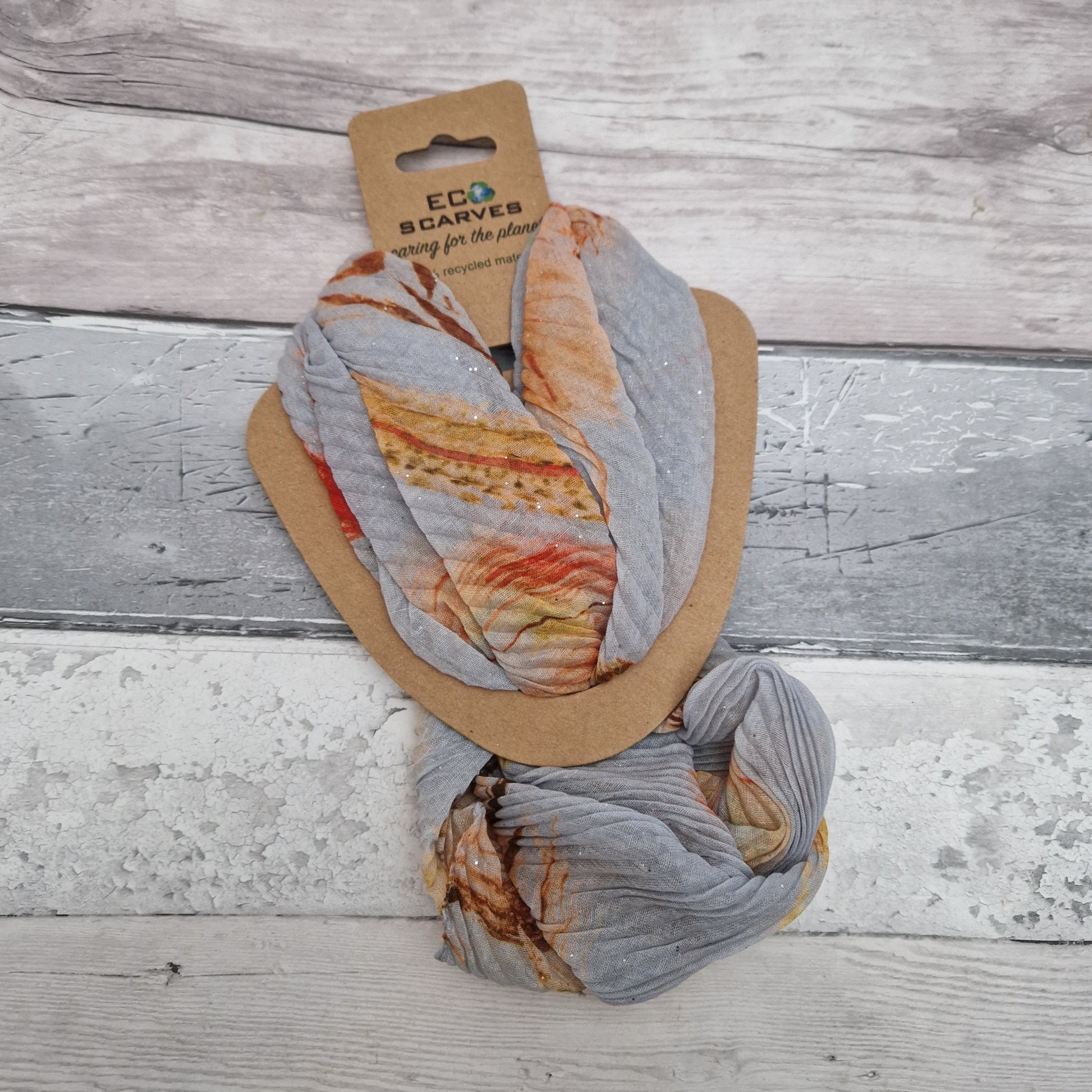 Magnetic neck scarf in grey with orange feather print