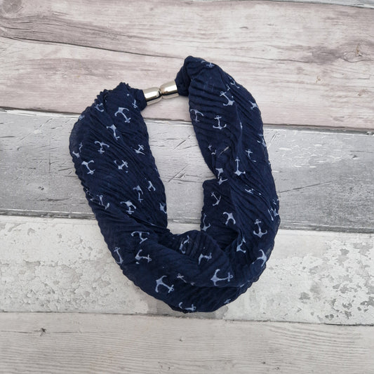 Navy Blue crinkled neck scarf decorated with white anchors.