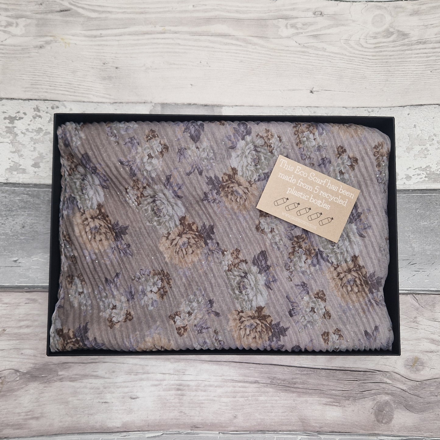 Gift Boxed Eco Scarf in grey with pretty flower print.