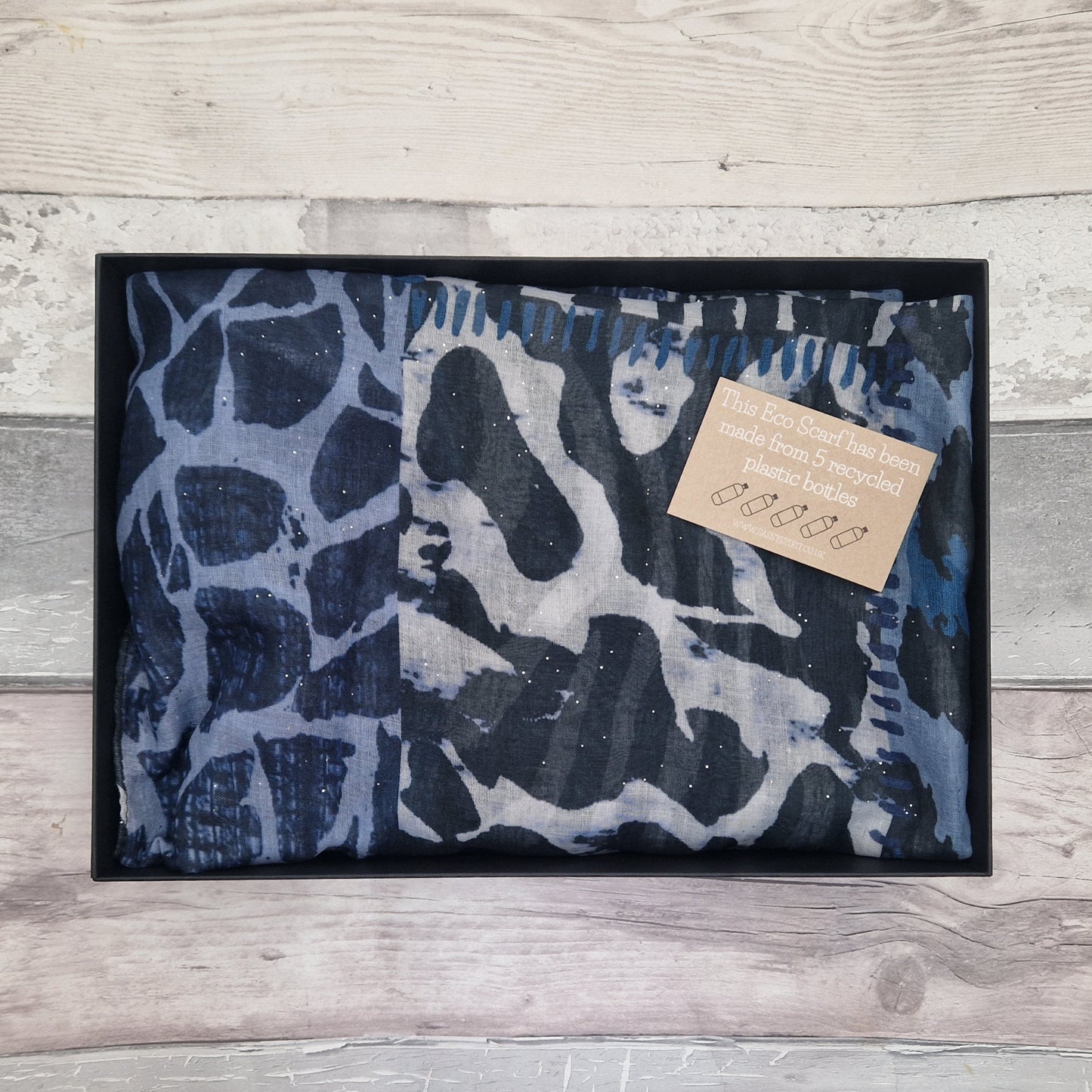 Gift Boxed Eco Scarf in blue animal print.