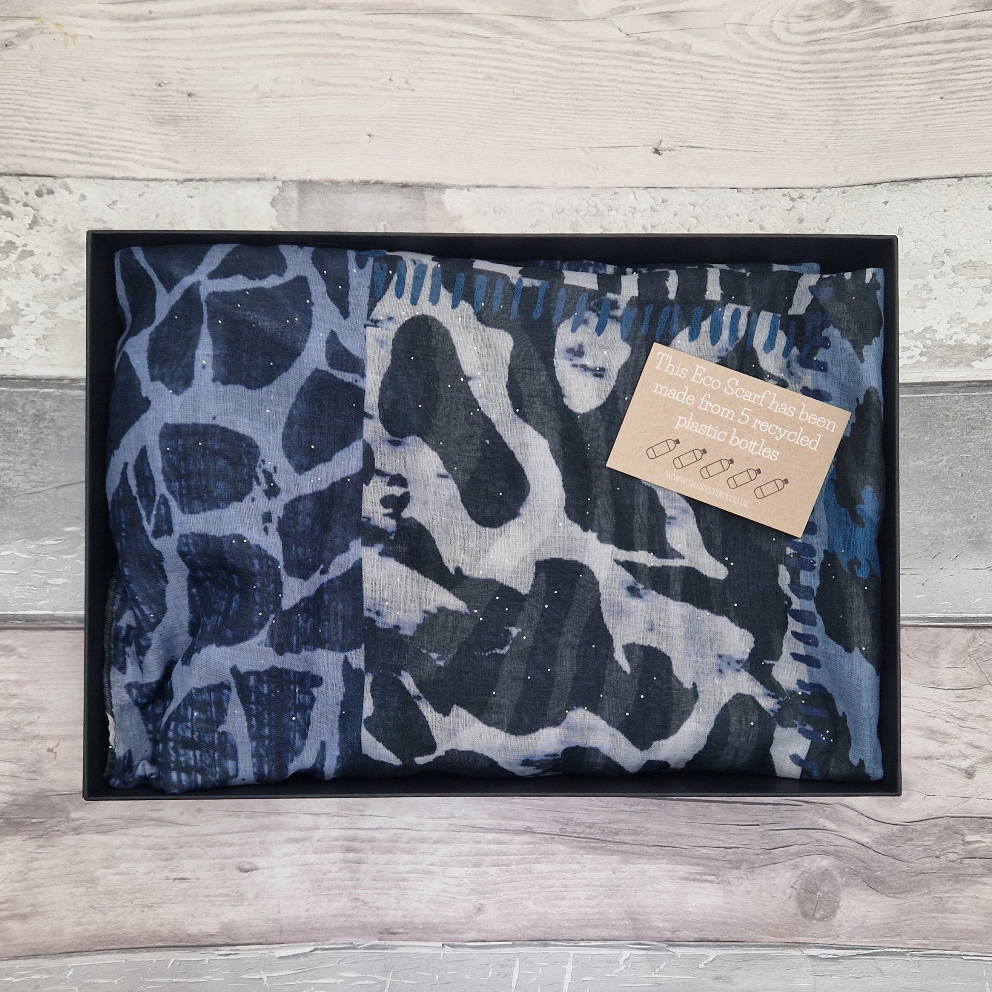 Gift Boxed Eco Scarf in blue animal print.