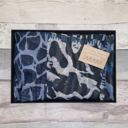 Gift Boxed Eco Scarf in blue animal print.