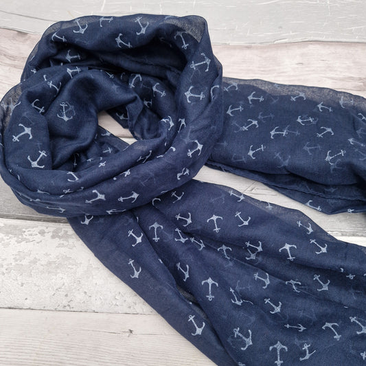 Nautical themed scarf in classic navy, decorated with white anchors