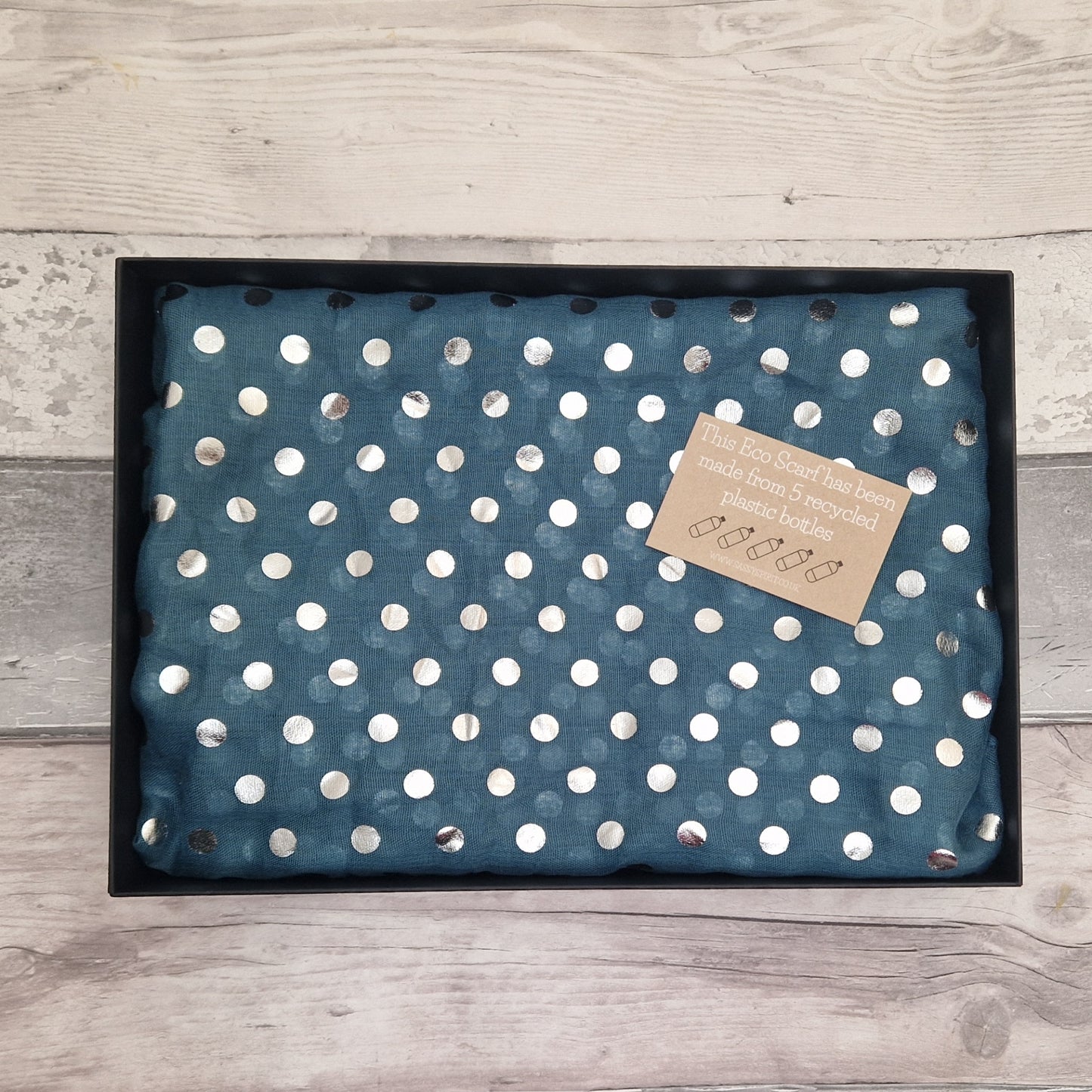 Gift Boxed Eco Scarf in teal with metallic silver spots.