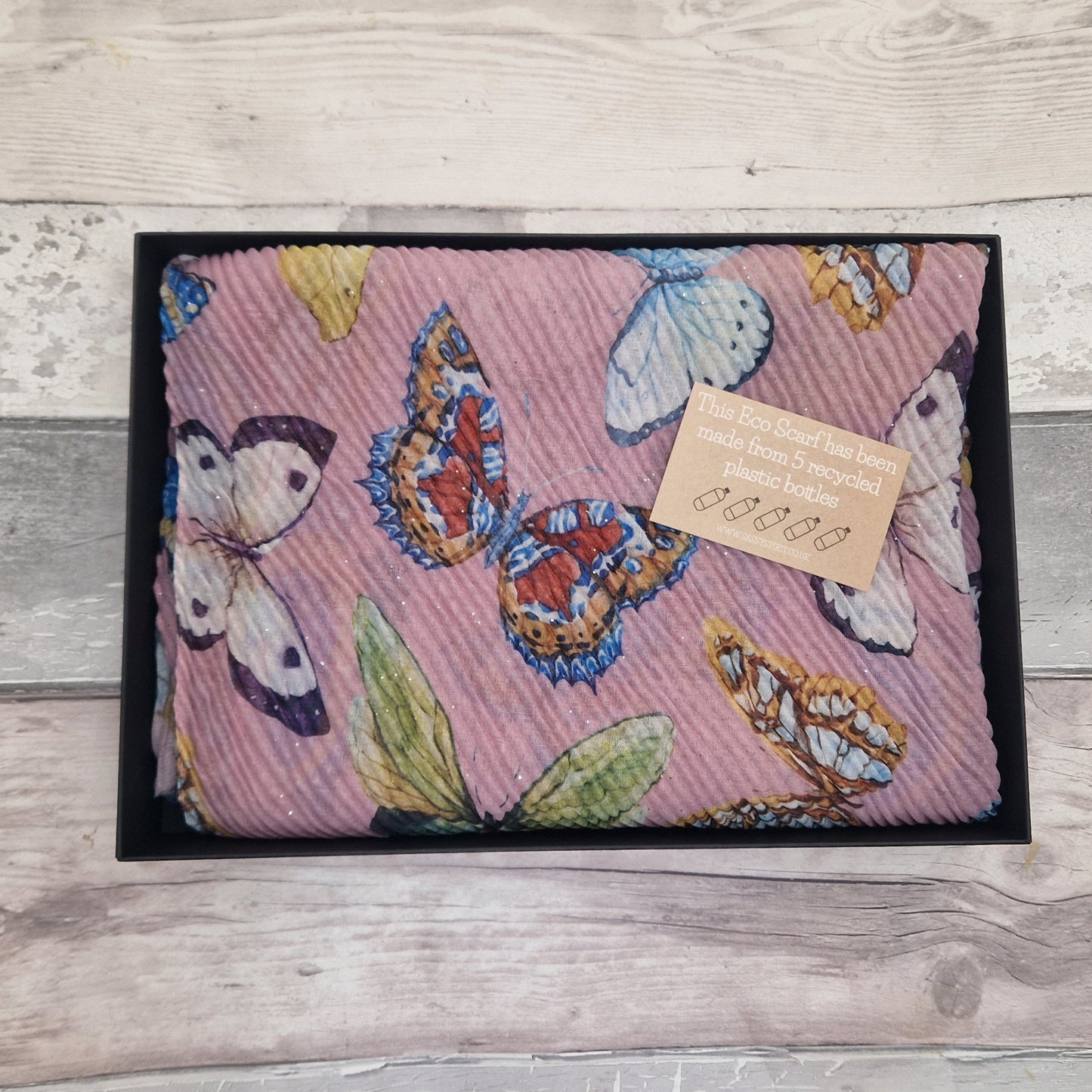 Gift Boxed Eco Scarf, pink and covered with butterflies.