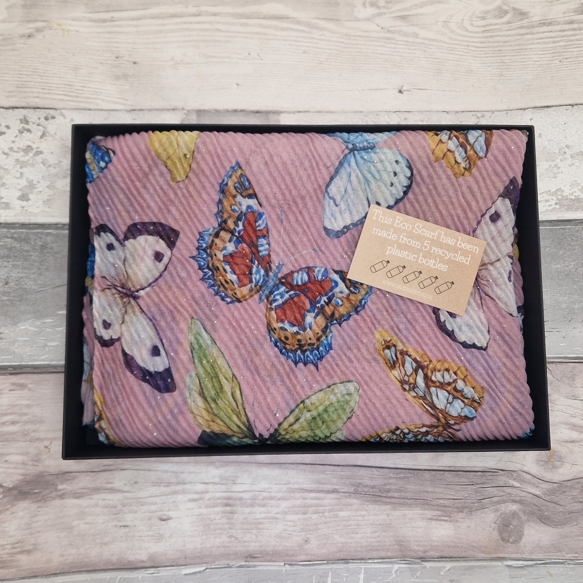 Gift Boxed Eco Scarf, pink and covered with butterflies.