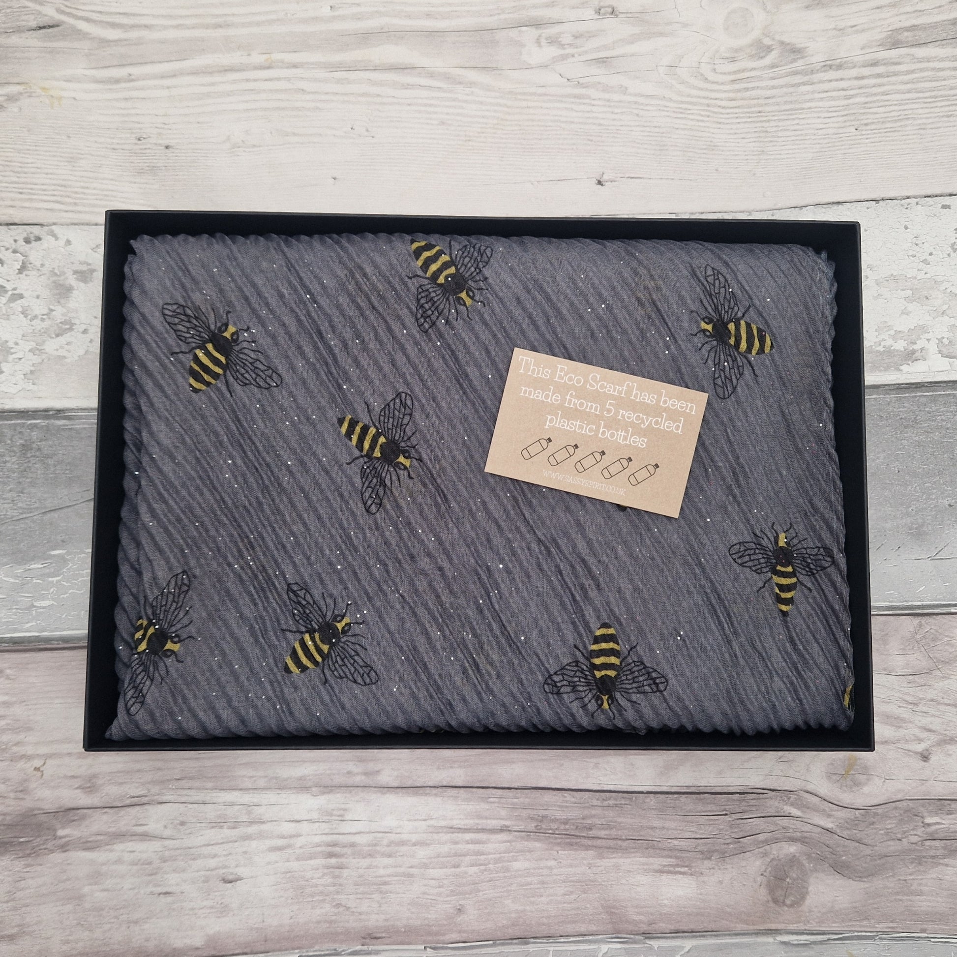 Gift Boxed Eco Scarf, grey with bumble bees.