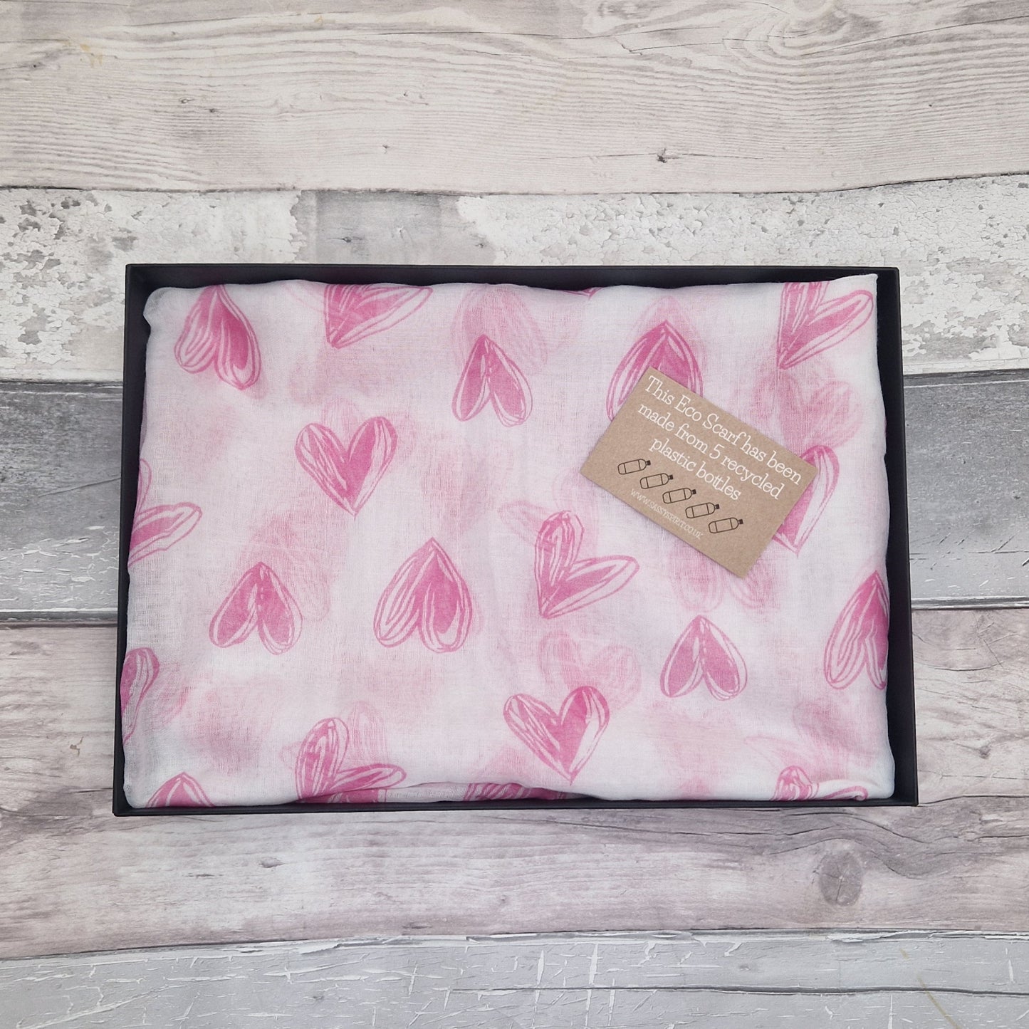 Gift Boxed Eco Scarf, white with pink love hearts.