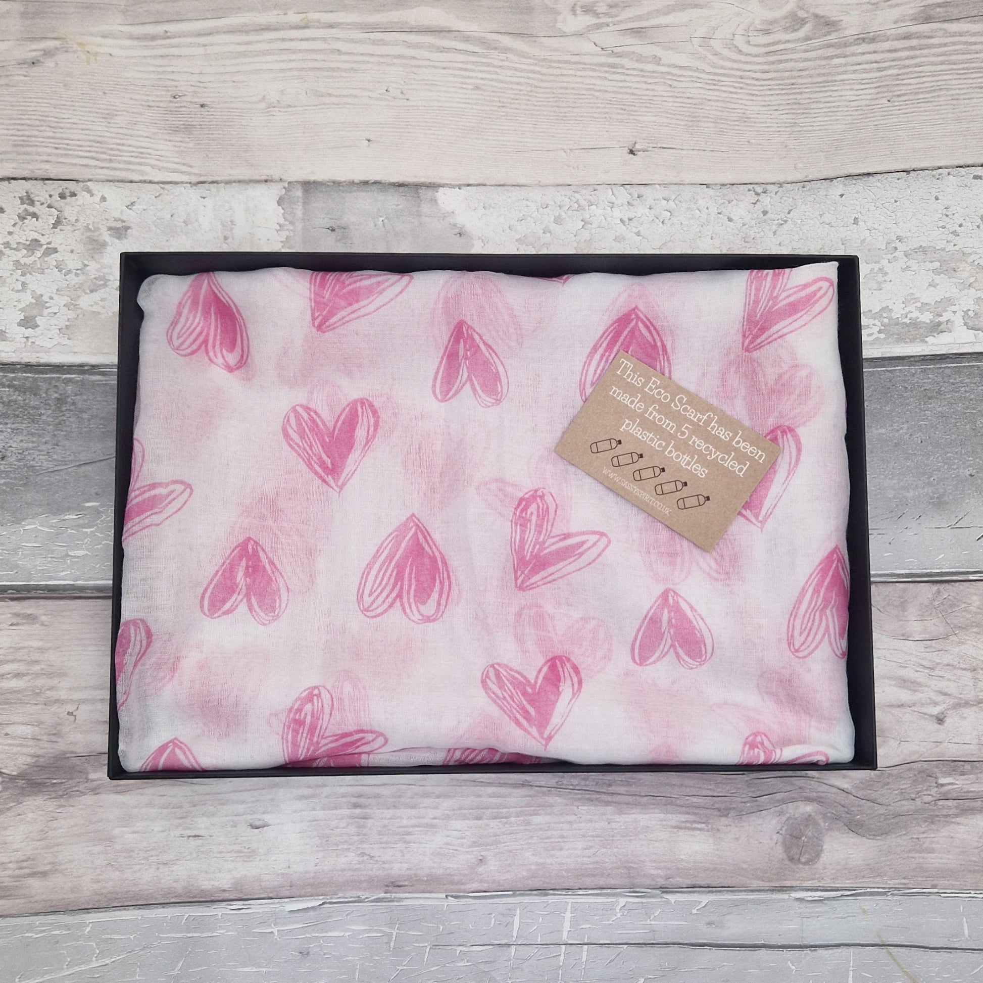 Gift Boxed Eco Scarf, white with pink love hearts.