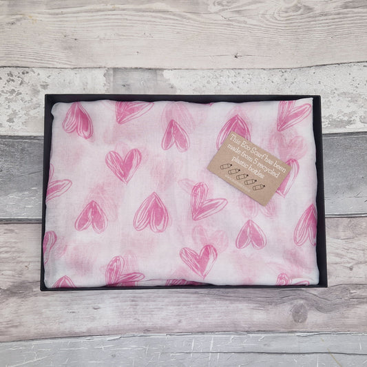 Gift Boxed Eco Scarf, white with pink love hearts.