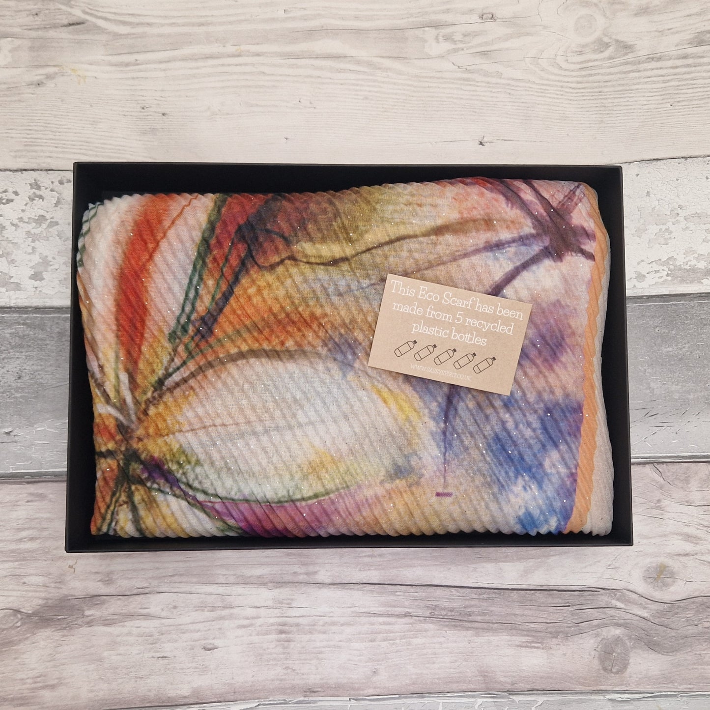 Gift Boxed Eco Scarf with yellow tones in a floral design.