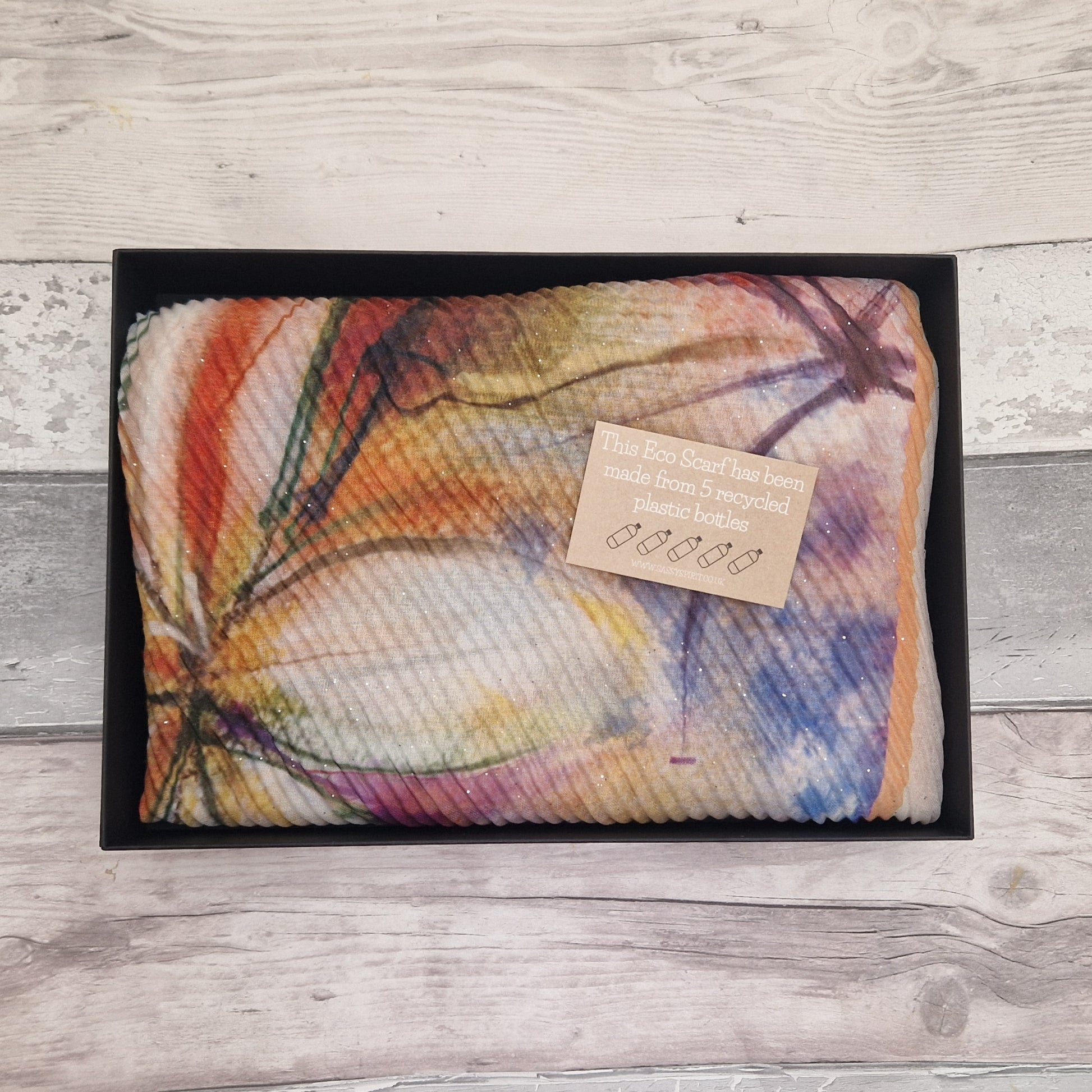 Gift Boxed Eco Scarf with yellow tones in a floral design.